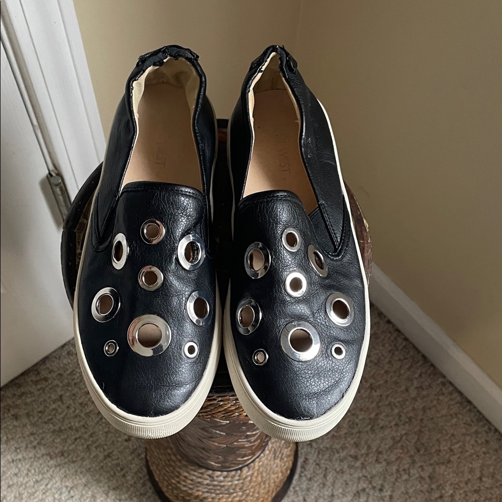 Nine West Black Grunge, Goth Sneakers with Silver Grommet Accents
